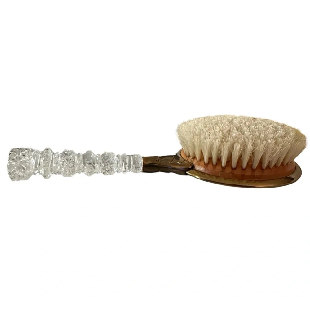 Vintage Gold Plated & Cut Clear Lucite Hand Mirror & Hair Brush (pair of 2) Rare